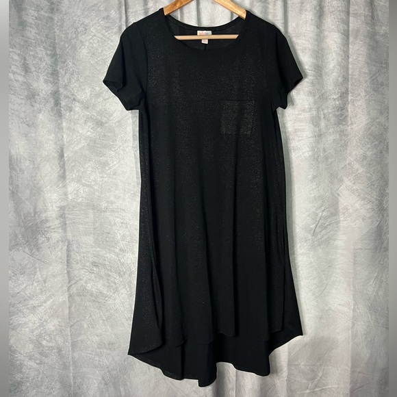 LuLaRoe Carly Elegant Black & Glitter Short Sleeve Swing Dress with High-Low Hem - Picture 7 of 11